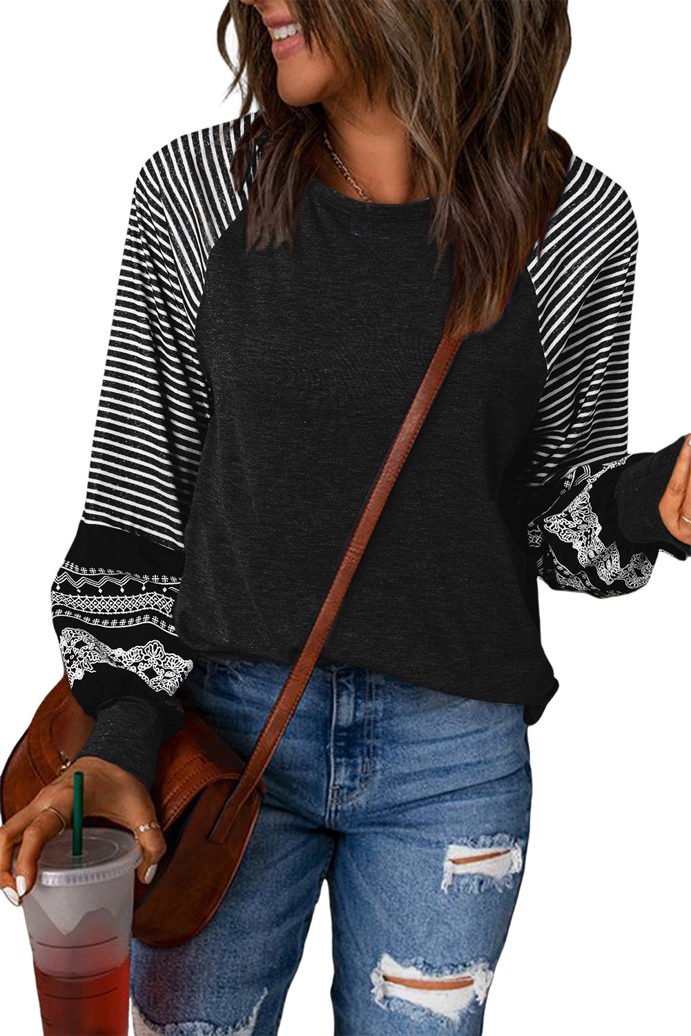 Brown Contrast Print Striped Raglan Long Sleeve Loose Top