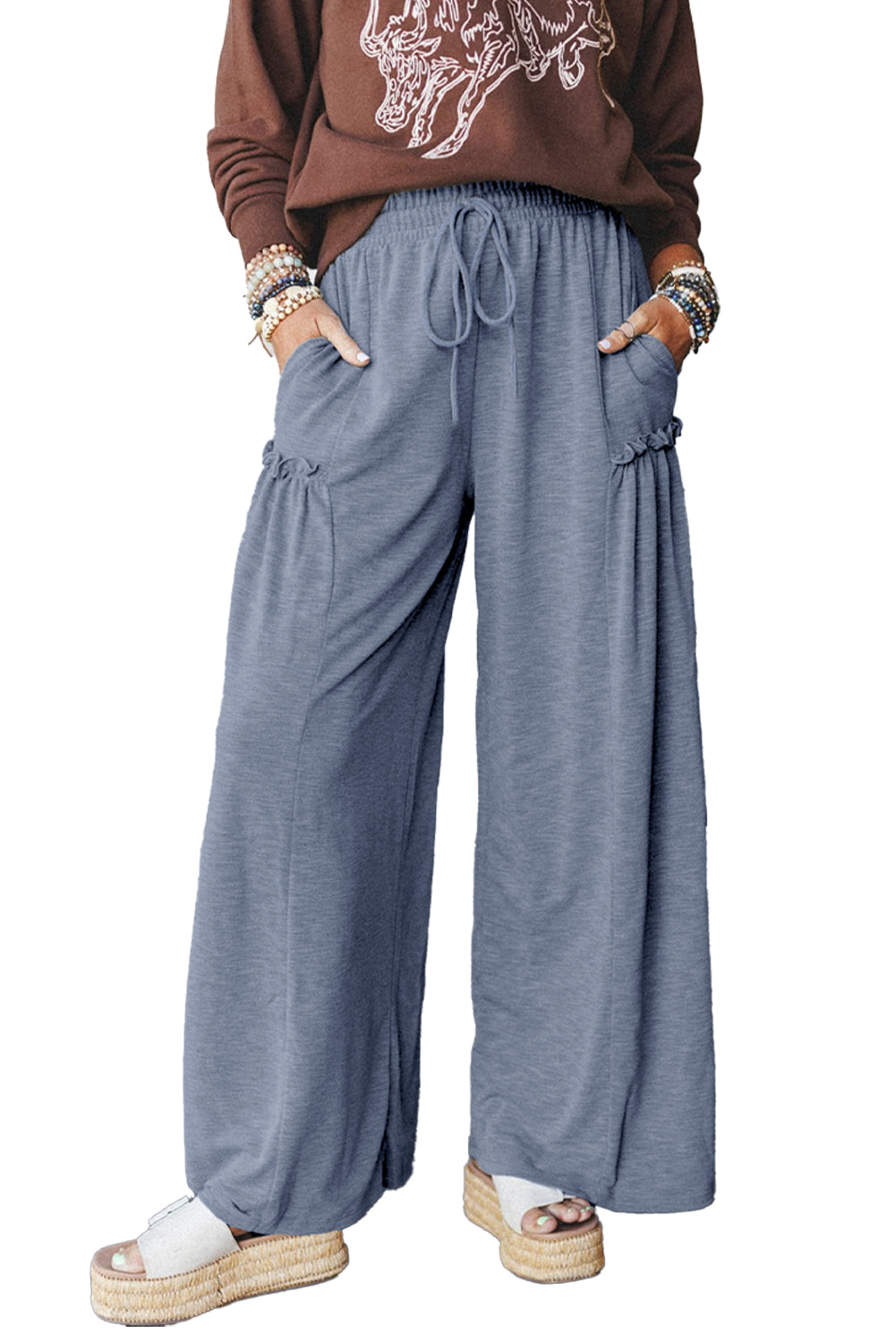 High-rise Frill Detail Wide Leg Loose Pants