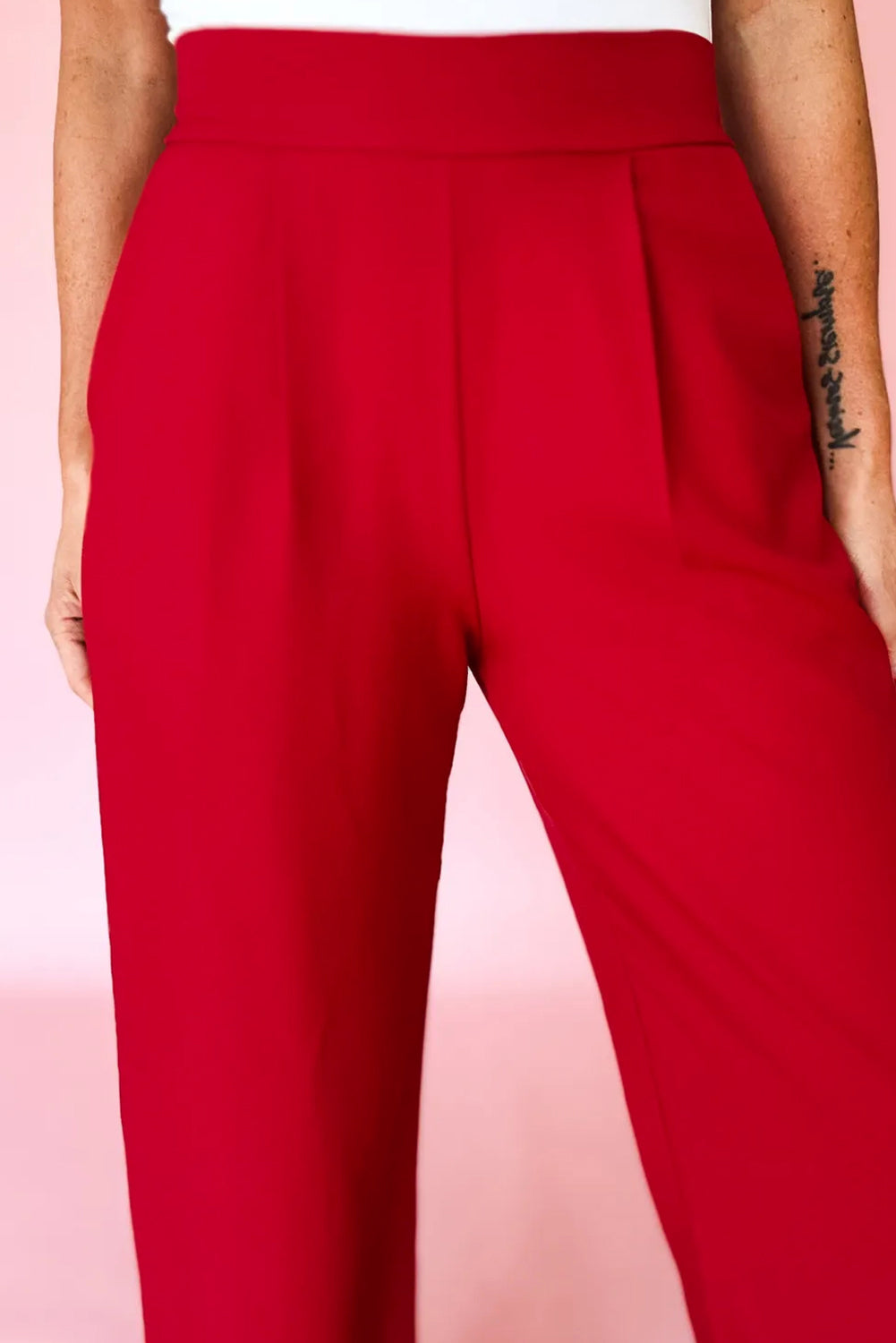 Fiery Red Pleated Detail Pull On Pants