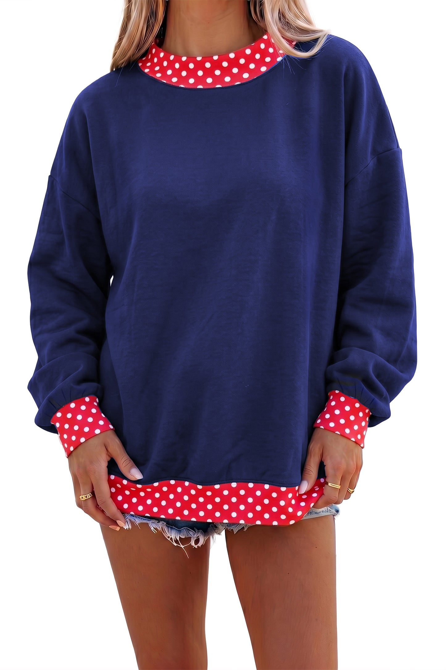 Racing Red Colorblock Polka Dot Contrast Trim Oversized Sweatshirt