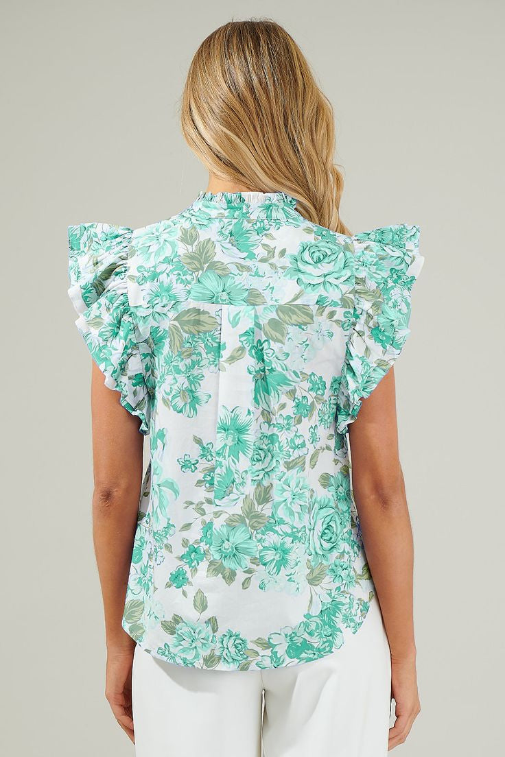 Floral Print Ruffle Sleeve Frilly Button Up Shirt