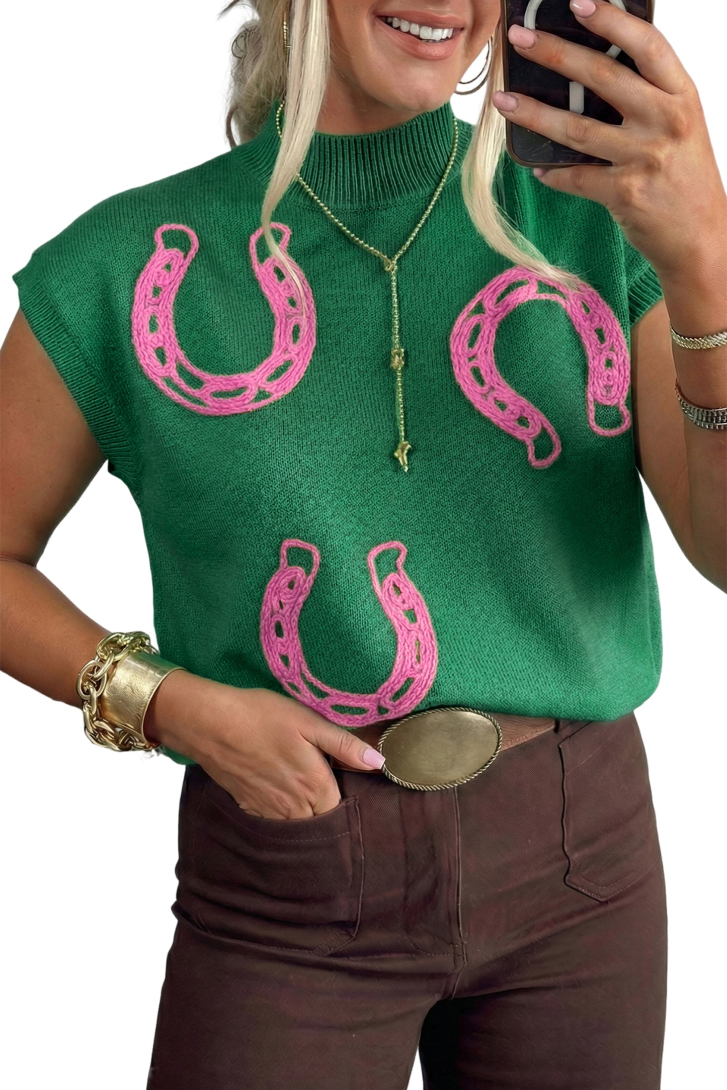Bright Corded Horseshoes Ribbed Trim Mock Neck Short Sleeve Sweater