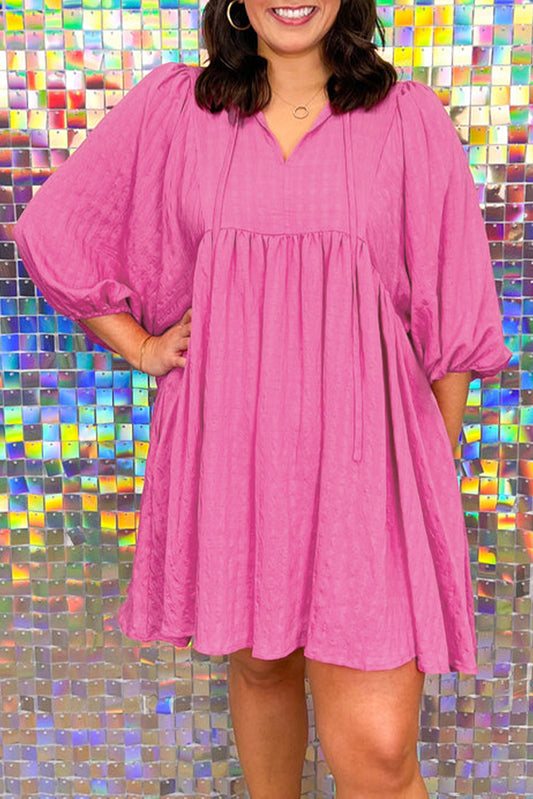 Sachet Pink Plus Size Textured Tie Split Neck Puff Sleeve Flowy Mini Dress