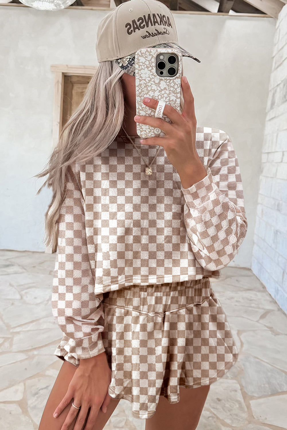 Khaki Checkered Long Sleeve Crop Top High Waist Skort 2pcs Set