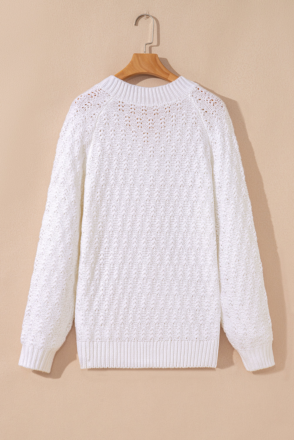 White Plain Knit Ribbed Edge V Neck Loose Sweater