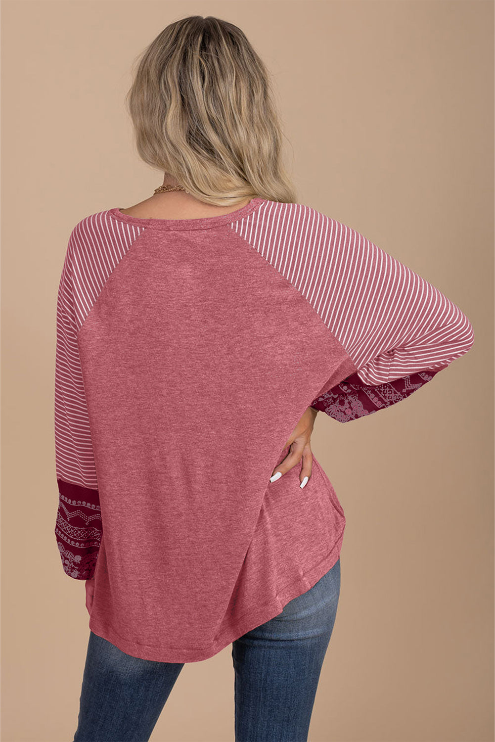 Brown Contrast Print Striped Raglan Long Sleeve Loose Top