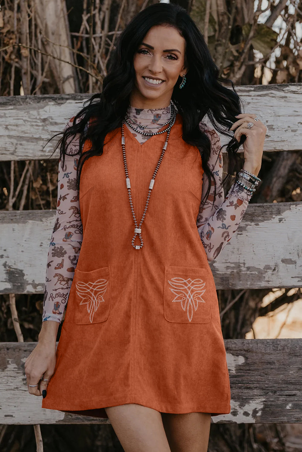 Gold Flame Corduroy Embroidered Patch Pocket Sleeveless Mini Dress