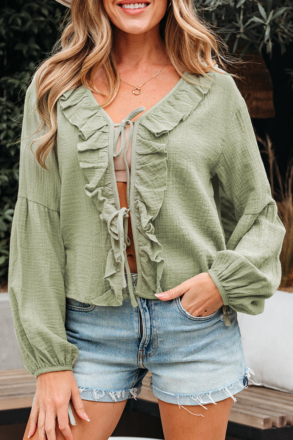 Meadow Mist Green Bow Tie Front Ruffle Trim V Neck Long Sleeve Blouse