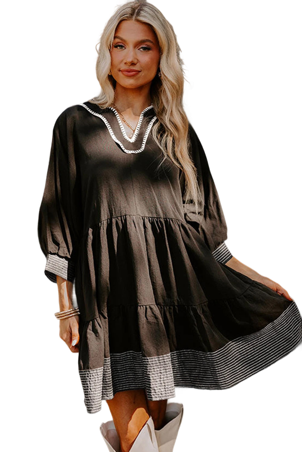 Black Contrast Stitched V Neck 3/4 Sleeve Swing Mini Dress