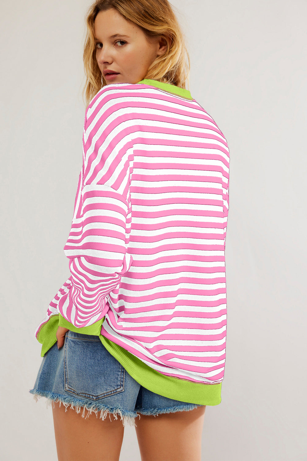 Sky Blue Striped Contrast Trim Drop Shoulder Sweatshirt