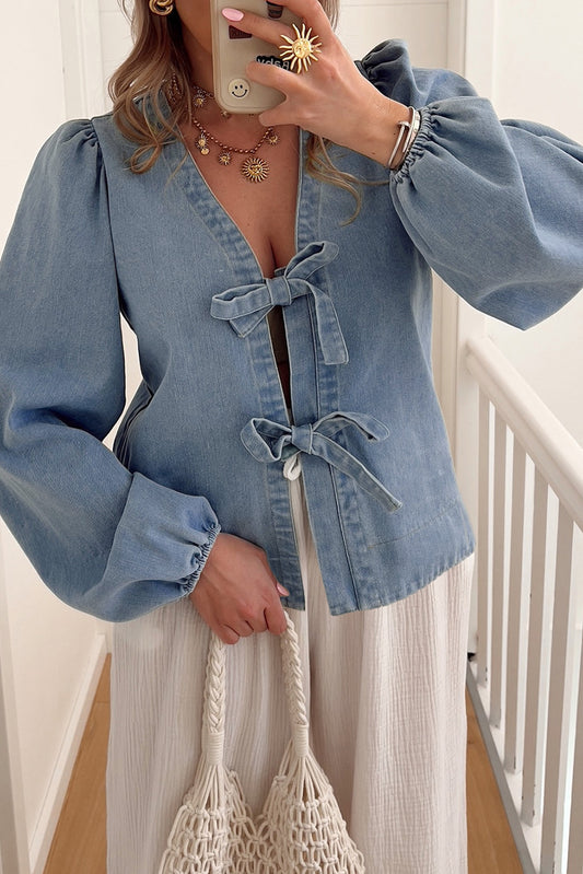 Dusk Blue Bow Tie Front Puff Sleeve Denim Top