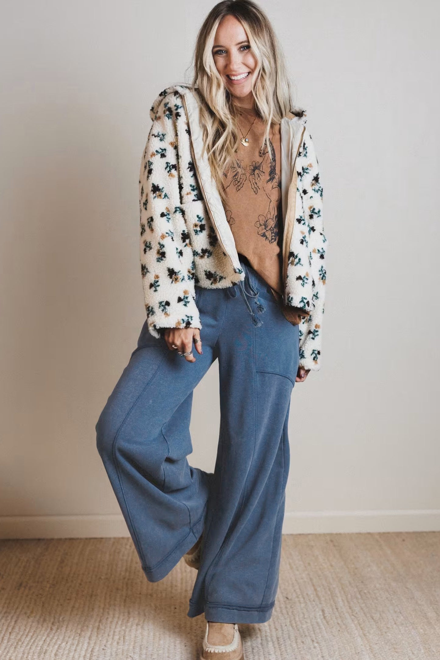 Ashleigh Blue Mineral Wash Drawstring Retro High Waist Wide Leg Western Pants