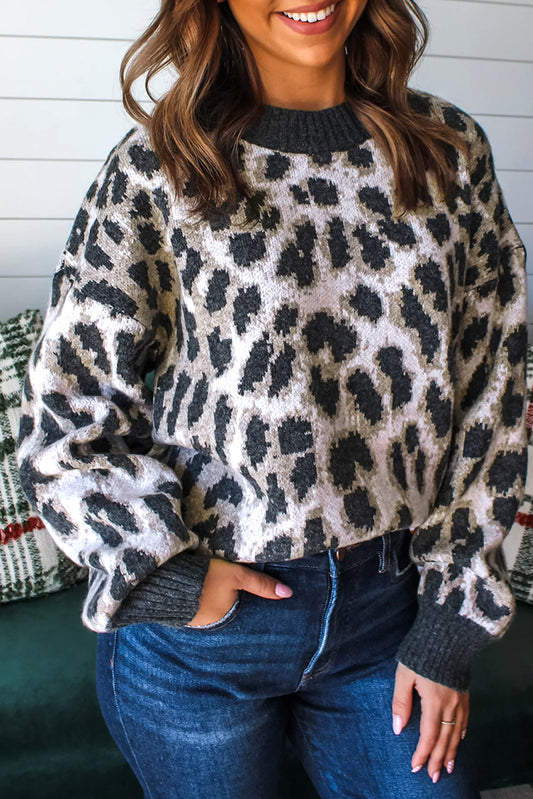 Carbon Grey Leopard Pattern Contrast Trim Round Neck Sweater