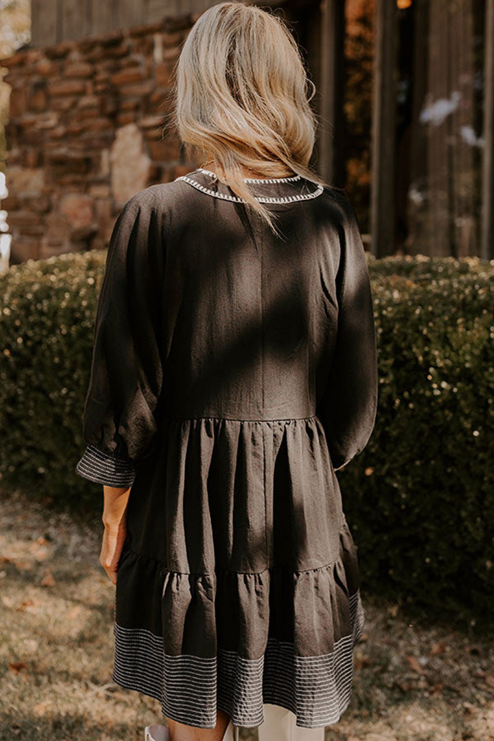 Black Contrast Stitched V Neck 3/4 Sleeve Swing Mini Dress