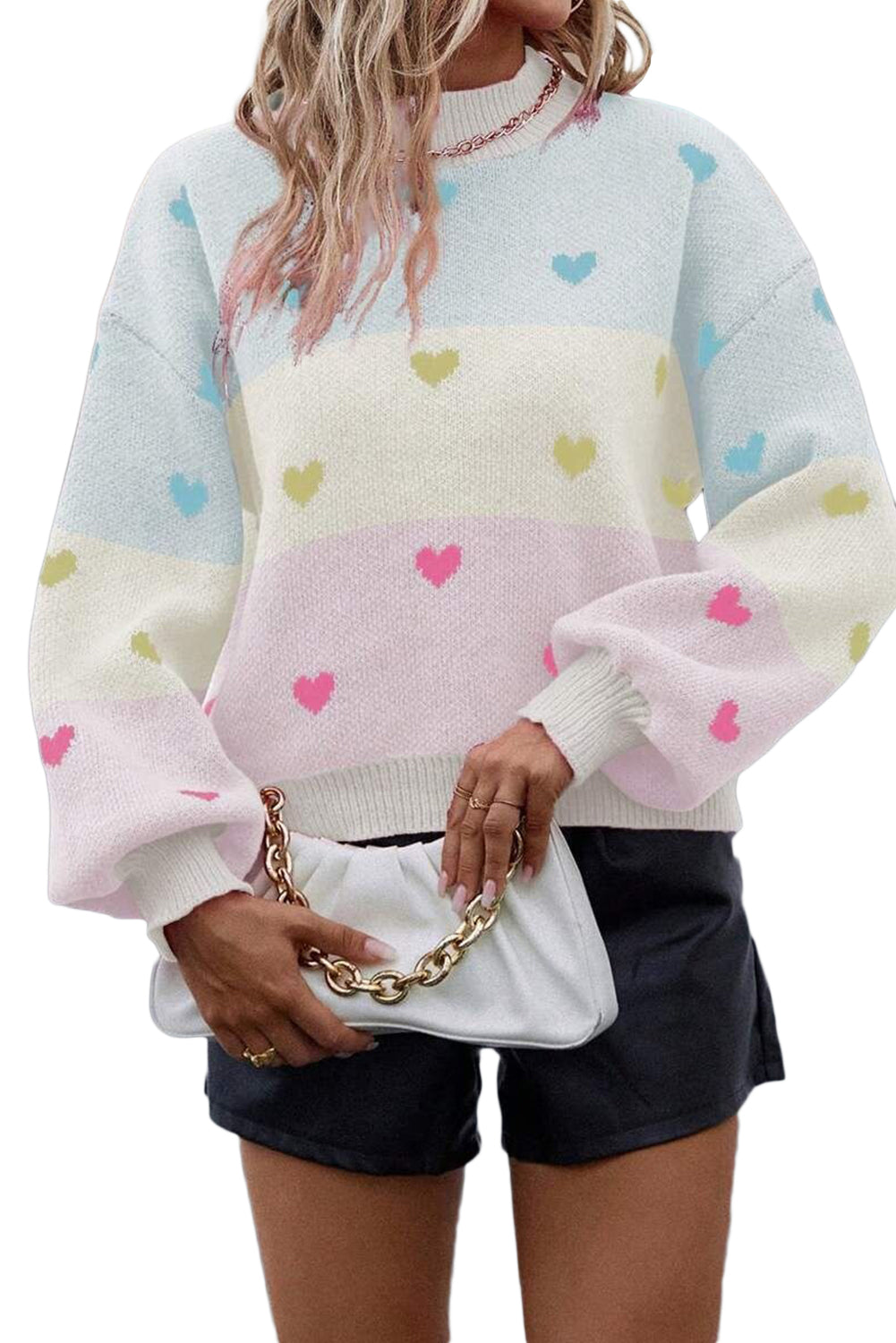Multicolor Heart Pattern Colorblock High Neck Sweater