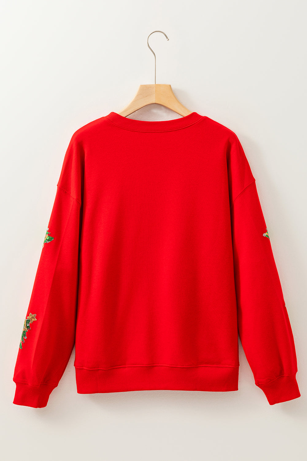 Red Sequin Christmas Tree Graphic Patch Application Drop Shoulder Sweatshirt