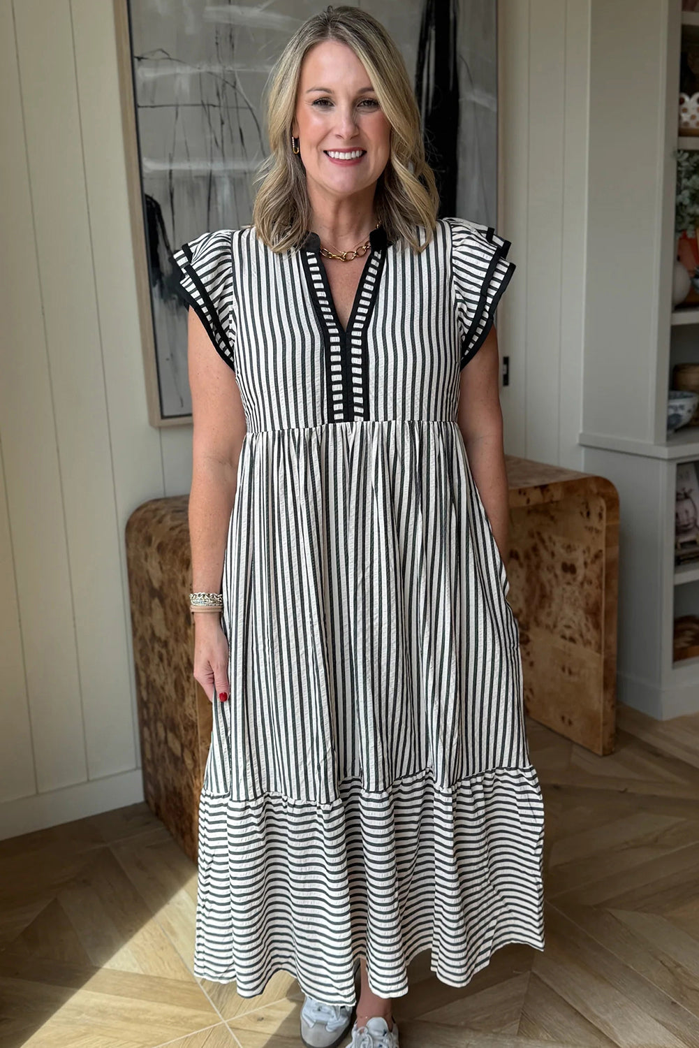 Brown Stripe Double Ruffled Short Sleeve Contrast Trim V Neck Midi Dress
