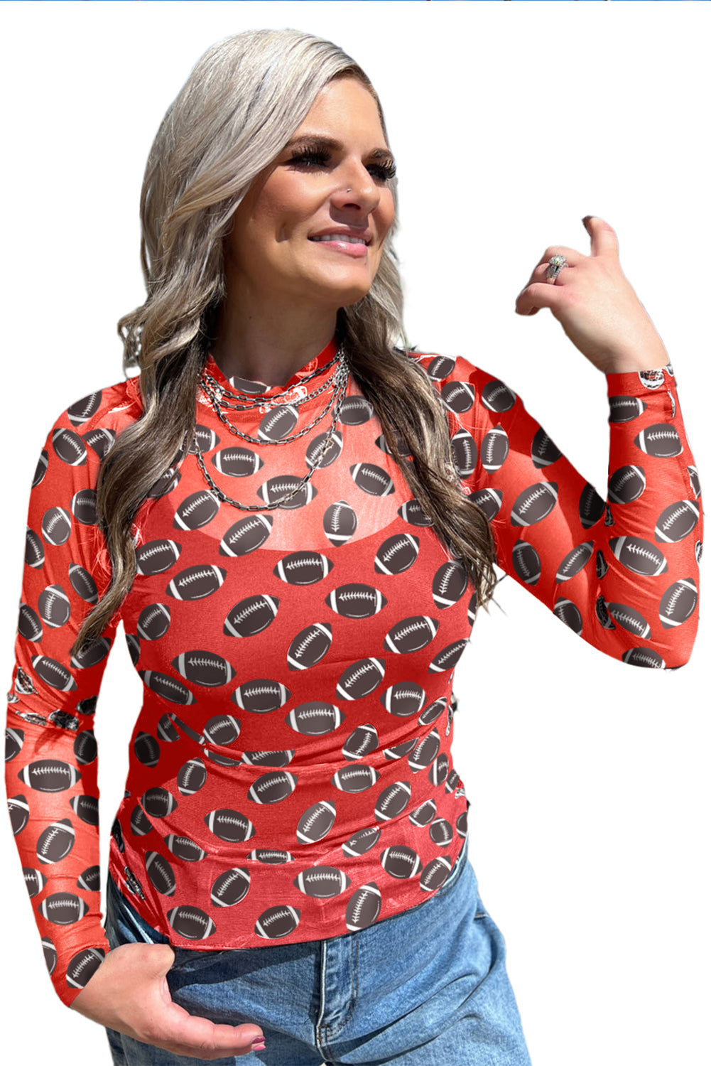 Brown Game Day Football Mesh Sheer Long Sleeve Top