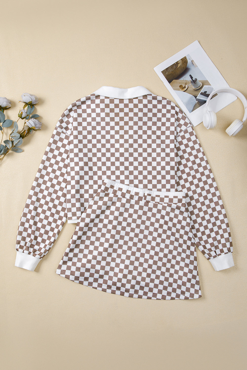 Khaki Checkered Print Polo Collar Long Sleeve Top Drawstring Mini Skirt Set