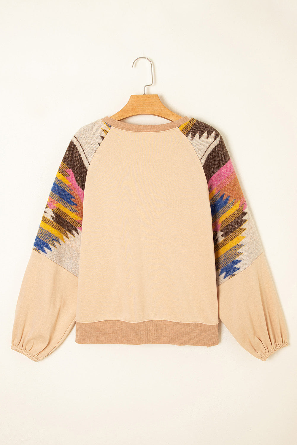 Light French Beige Geometric Patchwork Raglan Sleeve Pullover Sweatshirt