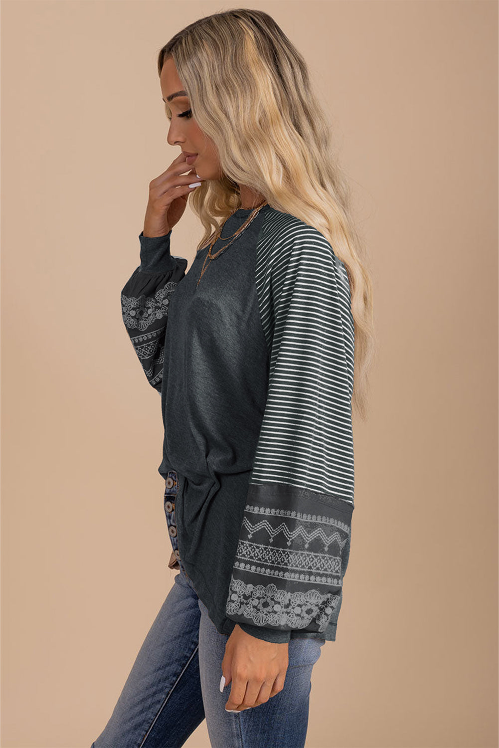 Brown Contrast Print Striped Raglan Long Sleeve Loose Top