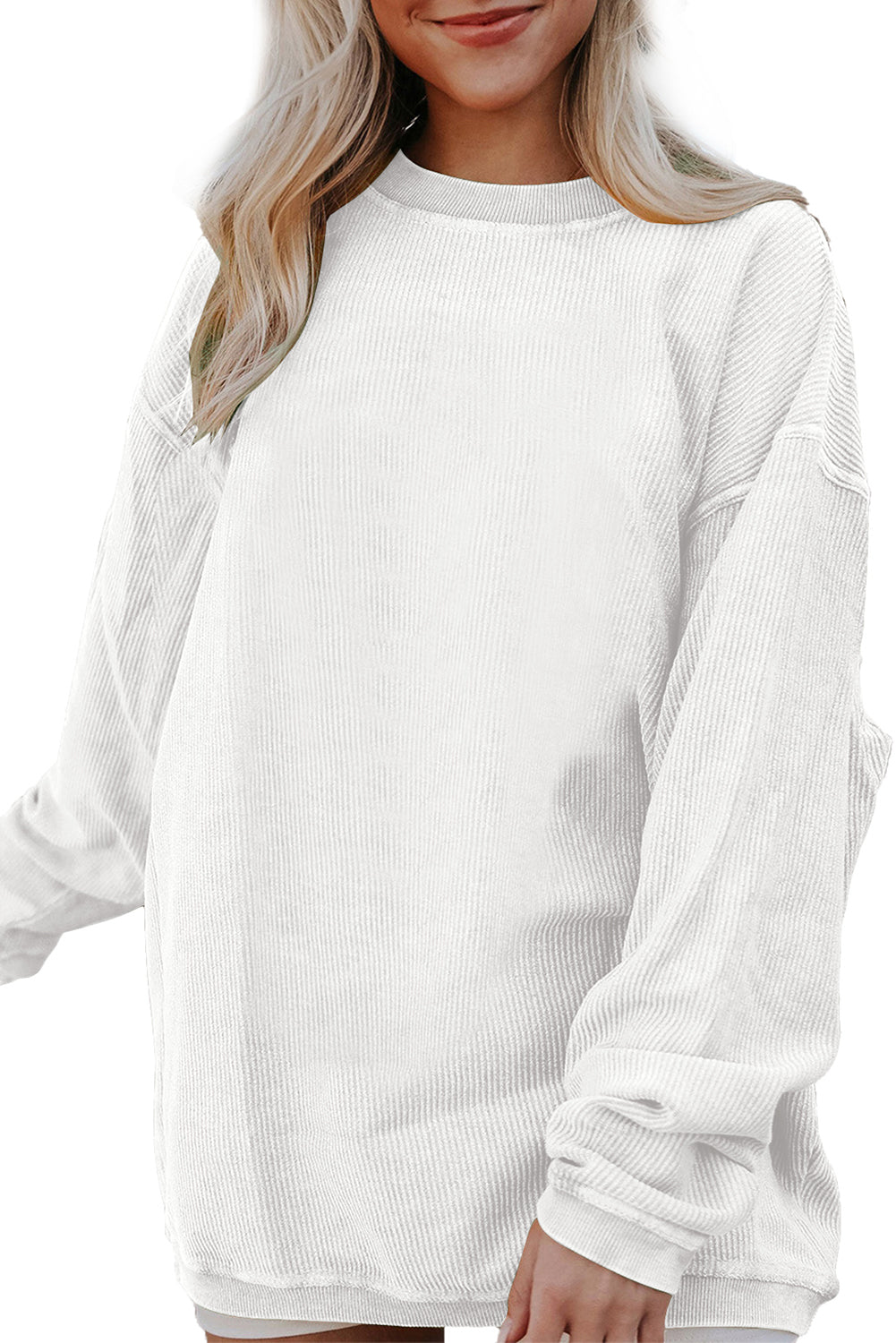 Light Pink Plain Drop Sleeve Crinkle Rib Oversized Sweatshirt