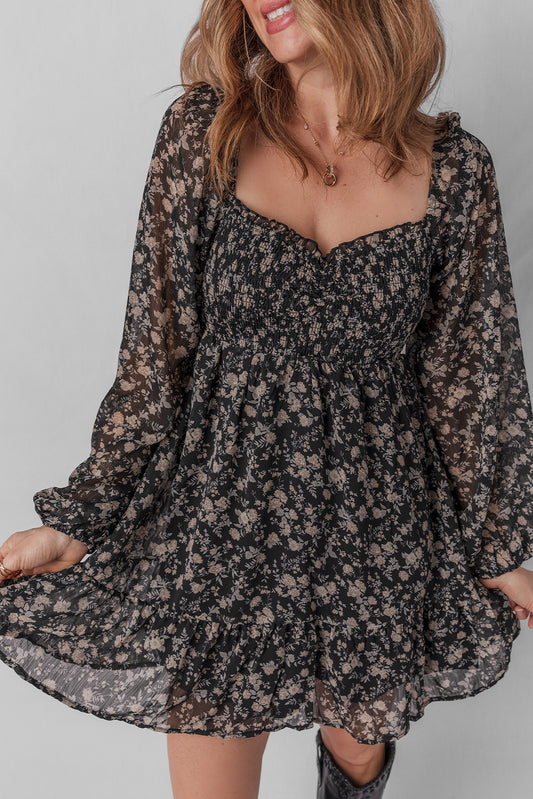 Black Floral Long Sleeve Frilly Shirred Square Neck Mini Dress