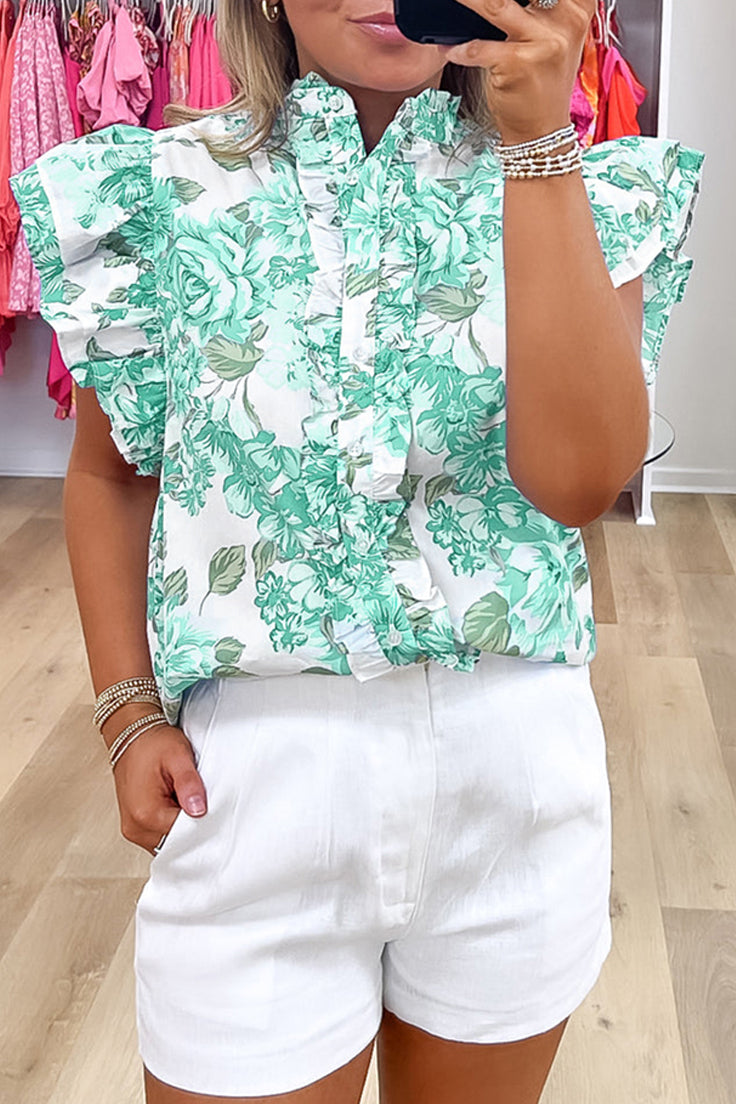 Floral Print Ruffle Sleeve Frilly Button Up Shirt