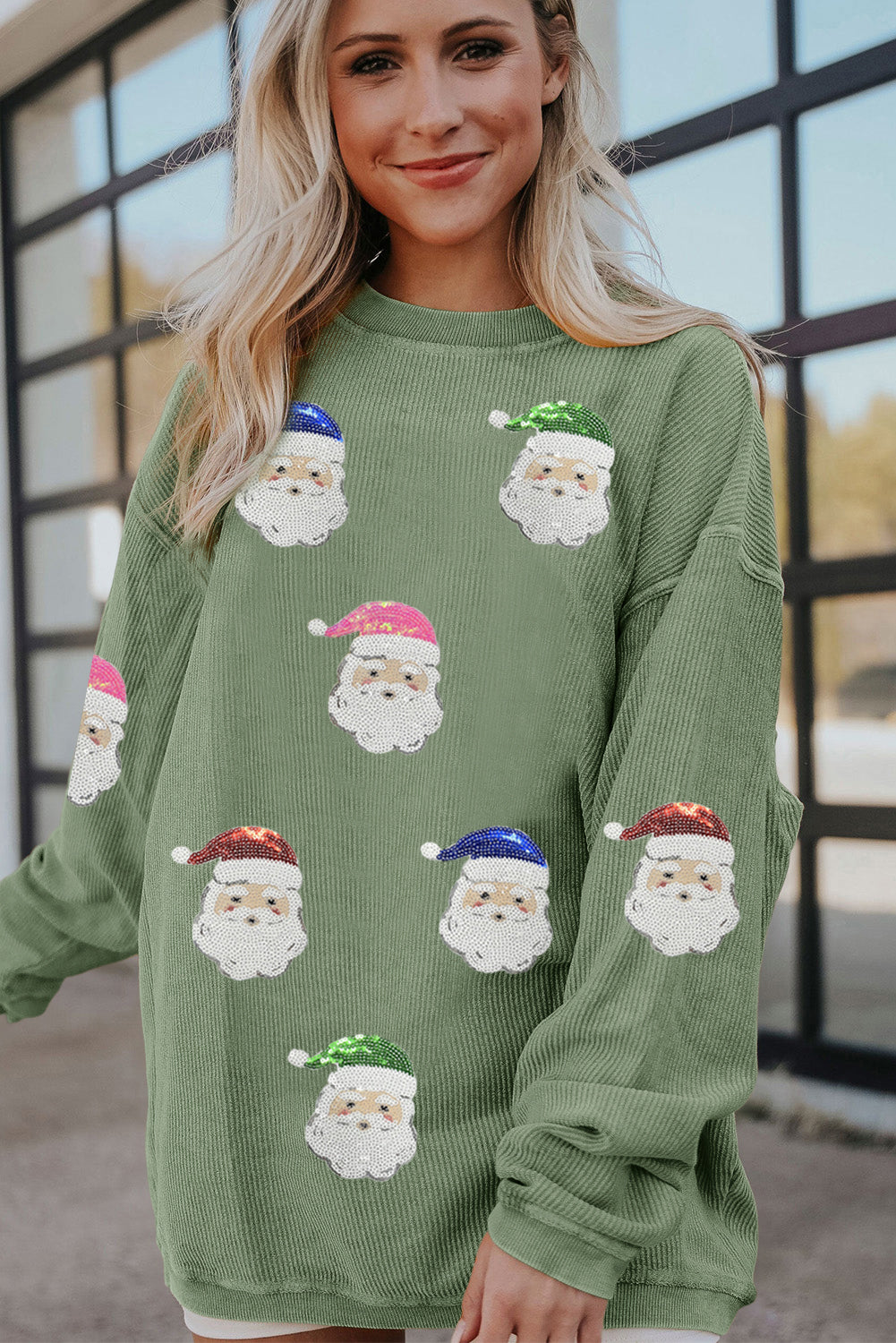 Grass Green Corded Ribbed Santa Claus Graphic Sequins Patch Sweatshirt