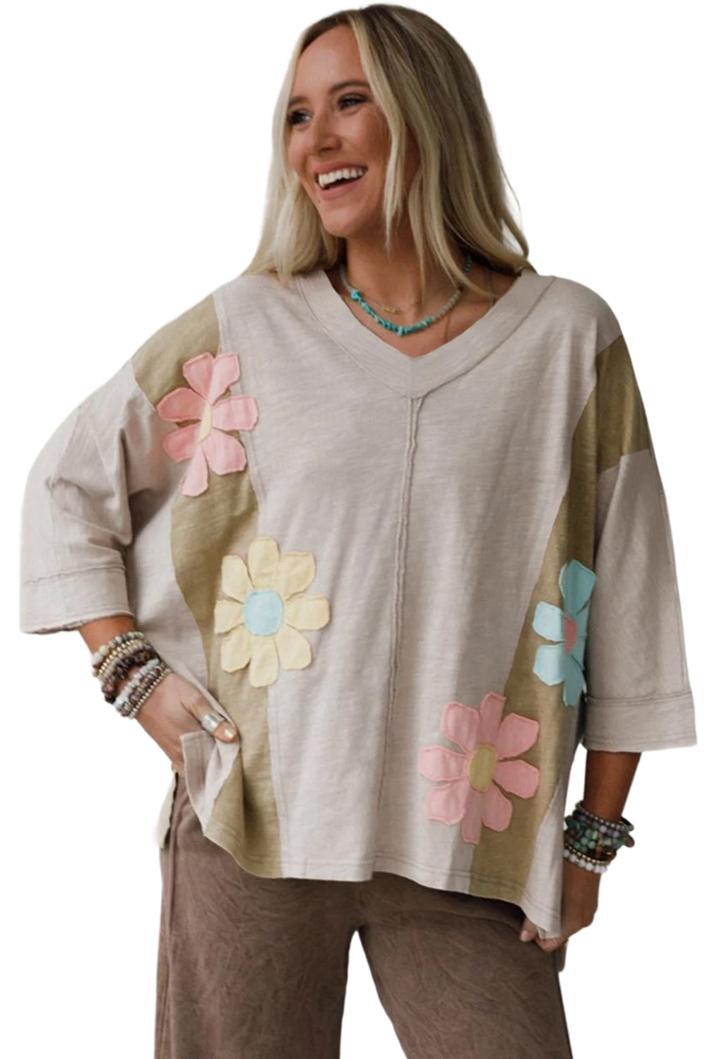 Green Flower Patched Exposed Seam 3/4 Sleeve top