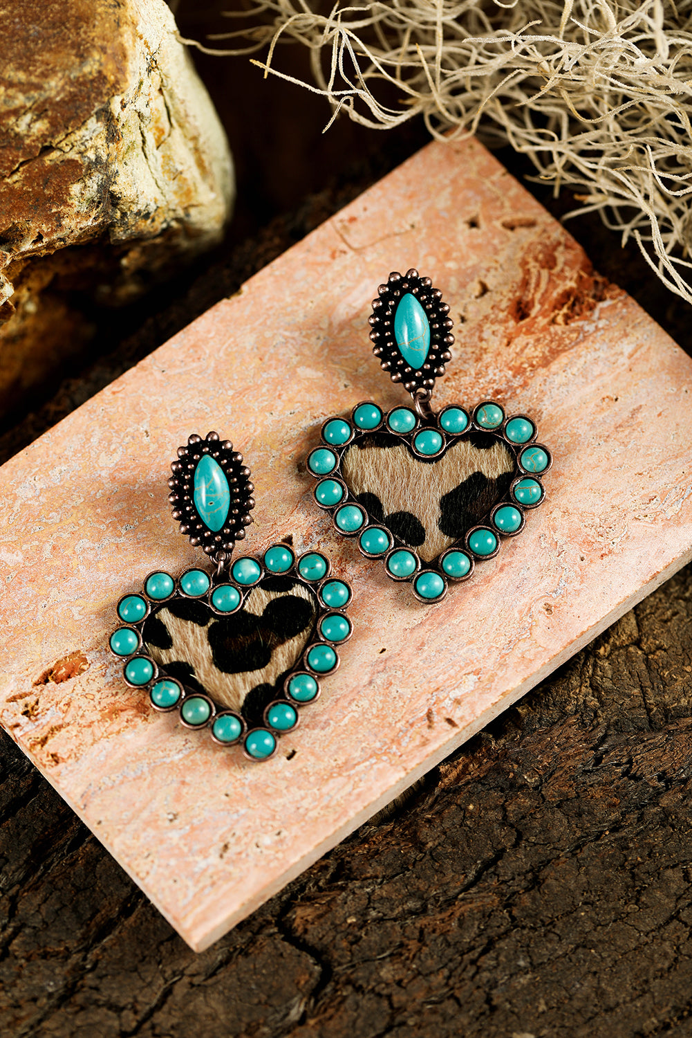 Turquoise Leopard Print Heart Shape Dangle Earrings