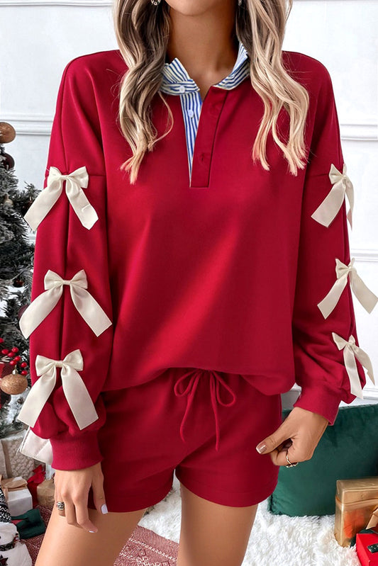 Racing Red Striped Collar Knot Sleeve Sweatshirt and Shorts Set