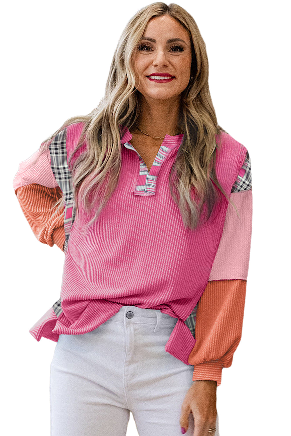 Rose Red Corded Texture Plaid Patchwork Split Neck Long Sleeve Top