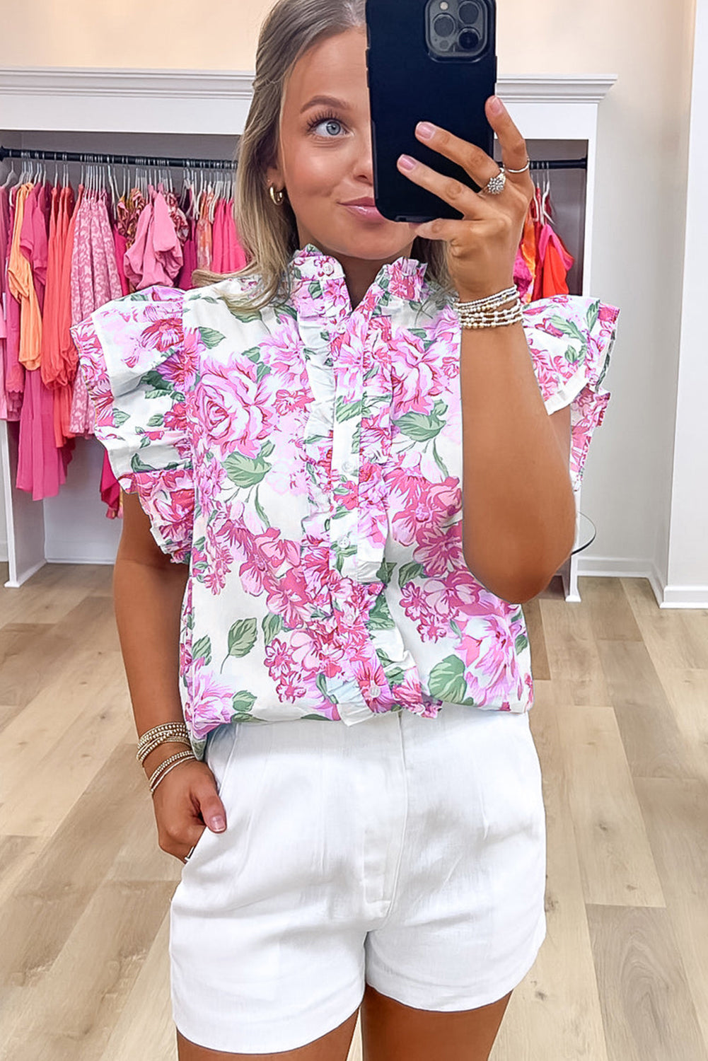 Floral Print Ruffle Sleeve Frilly Button Up Shirt