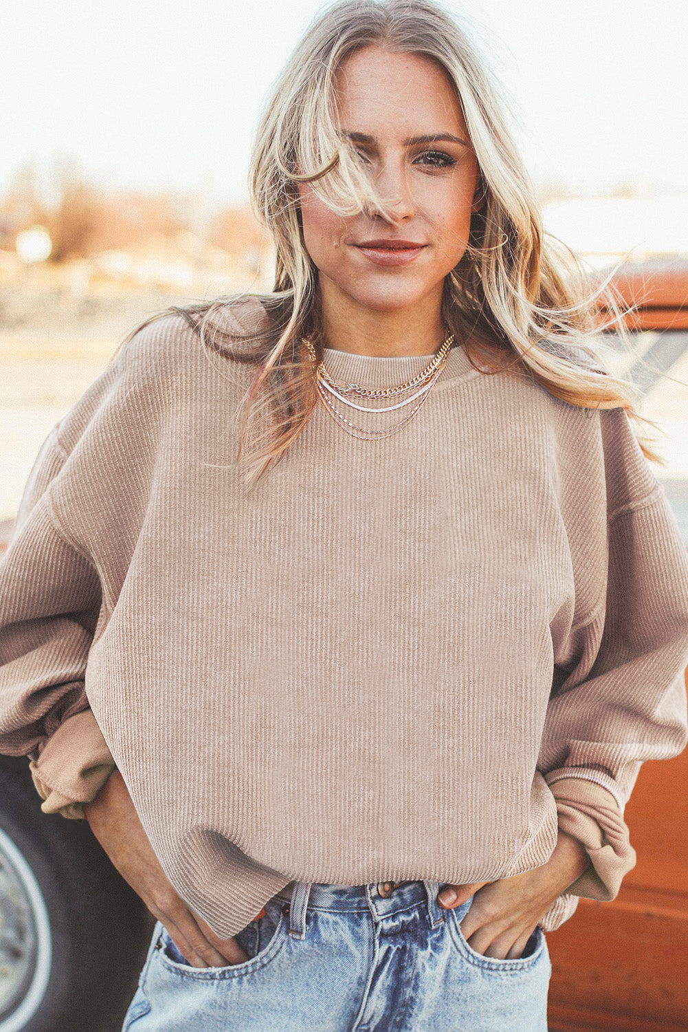 Light Pink Plain Drop Sleeve Crinkle Rib Oversized Sweatshirt