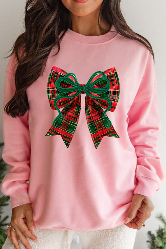Pink Plaid Bow Heat Transfer Printing Christmas Vibe Sweatshirt