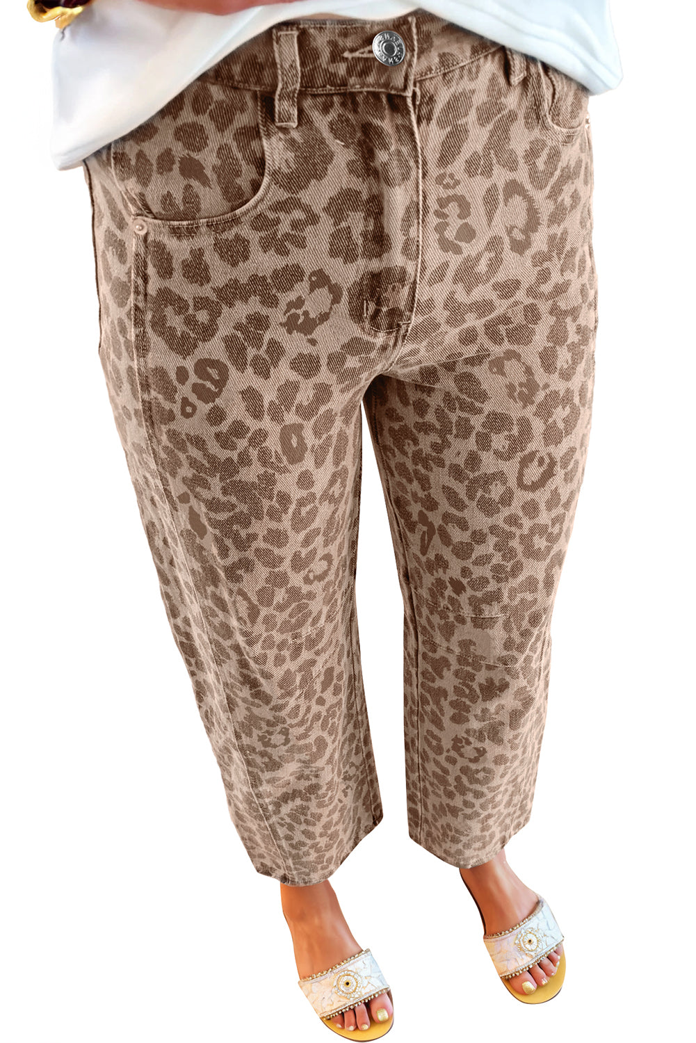 Khaki Leopard Print Straight Loose Jeans