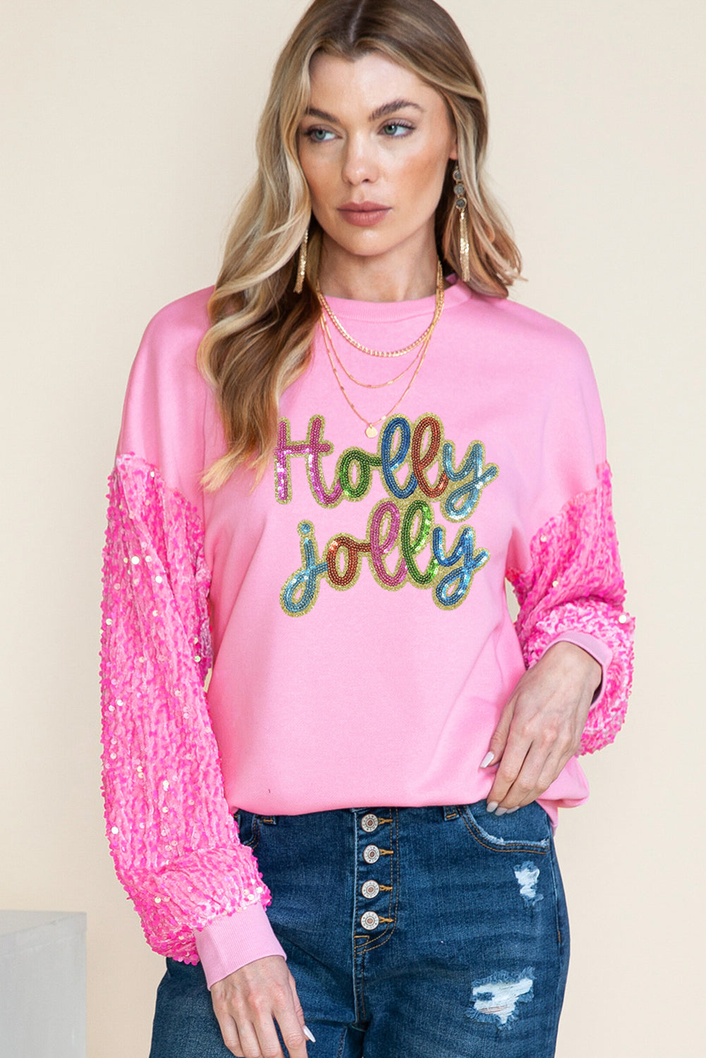 Pink Holly Jolly Letter Sequins Patch Drop Shoulder Patchwork Long Sleeve Top