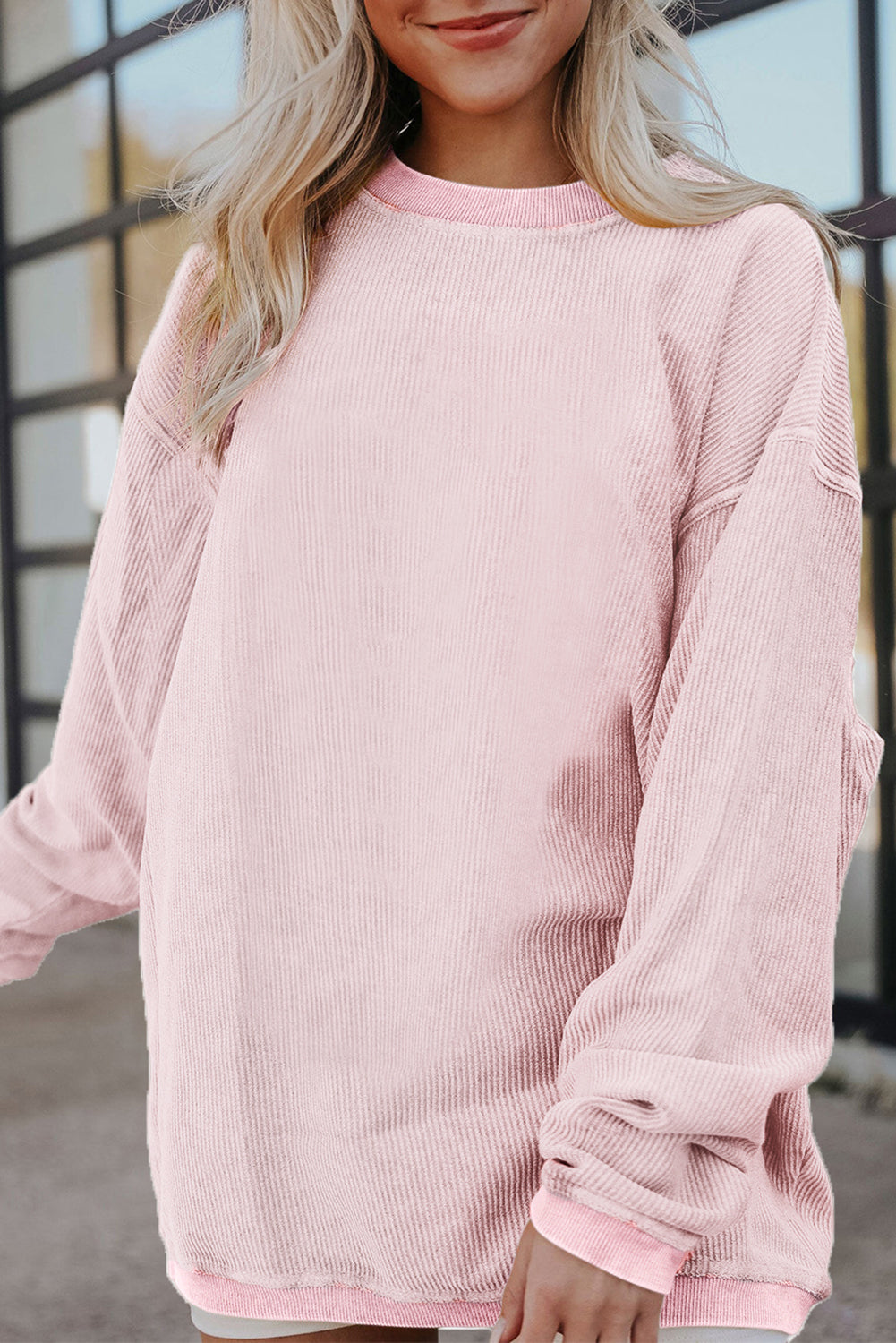 Light Pink Plain Drop Sleeve Crinkle Rib Oversized Sweatshirt