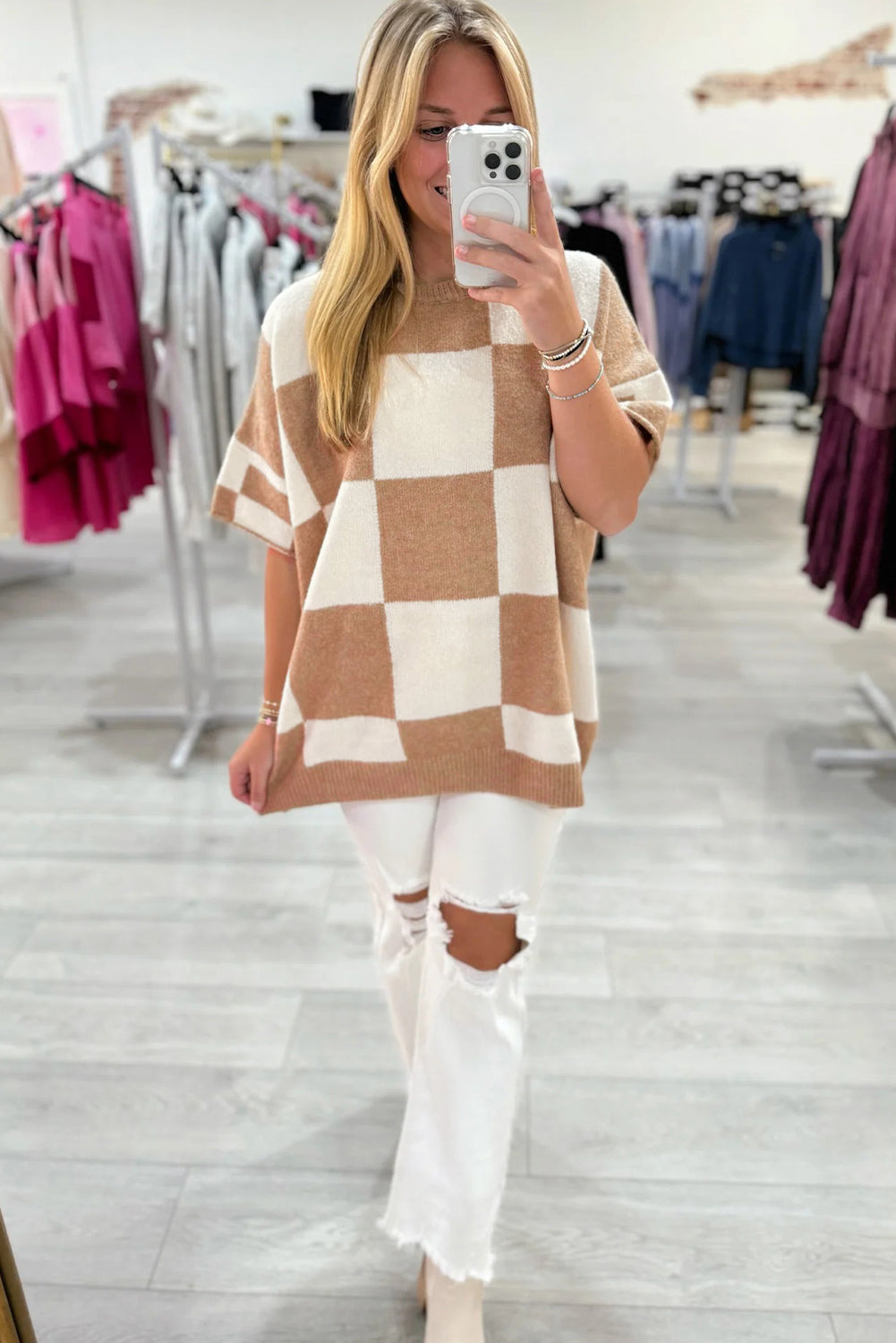 Light French Beige Checkered Pattern Loose Short Sleeve Sweater