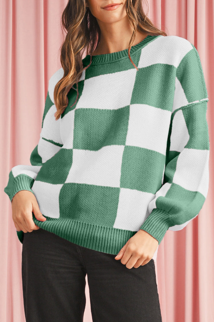 Pink Checked Bishop Sleeve Pullover Sweater