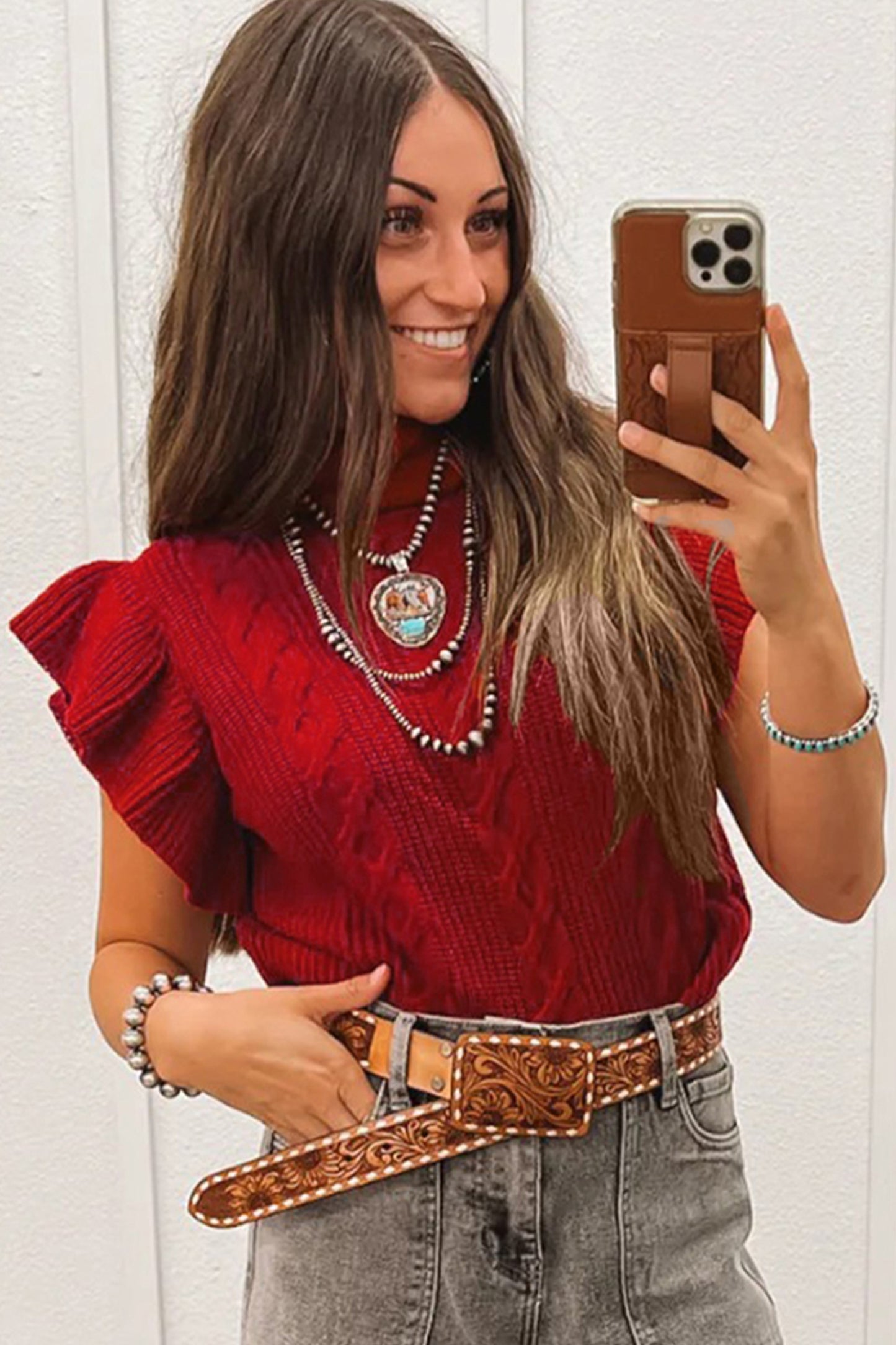 Cable Knit Turtleneck Ruffled Short Sleeve Sweater