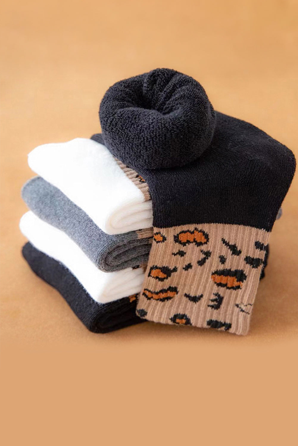 White Leopard Double Stripe Crew Socks