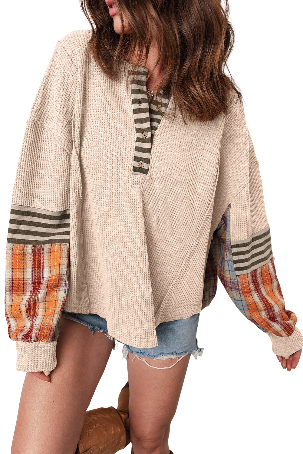 Straw Yellow Waffle Stripe Plaid Patchwork Henley Top