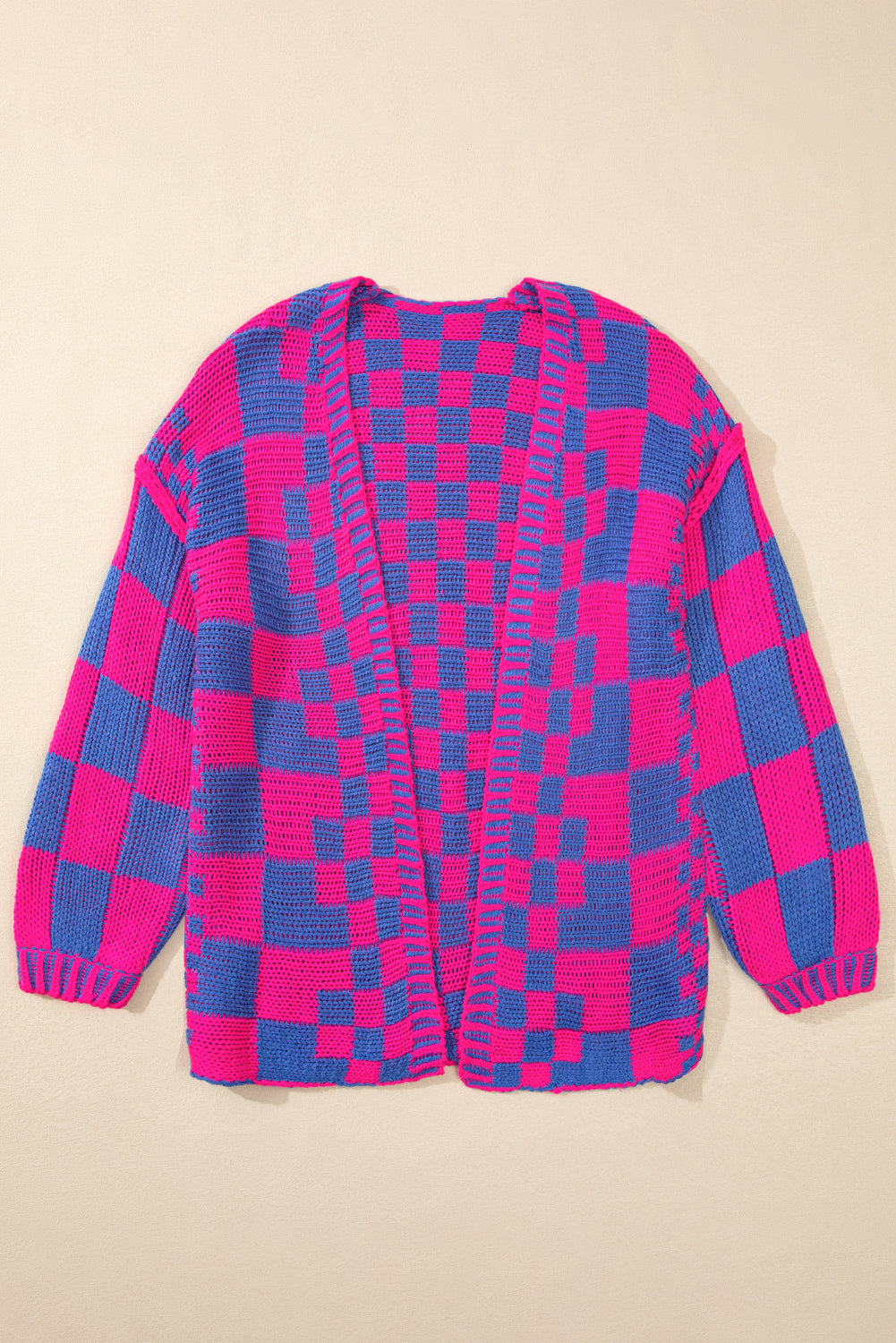 Rose Red Colorblock Checked Open Front Knitted Cardigan