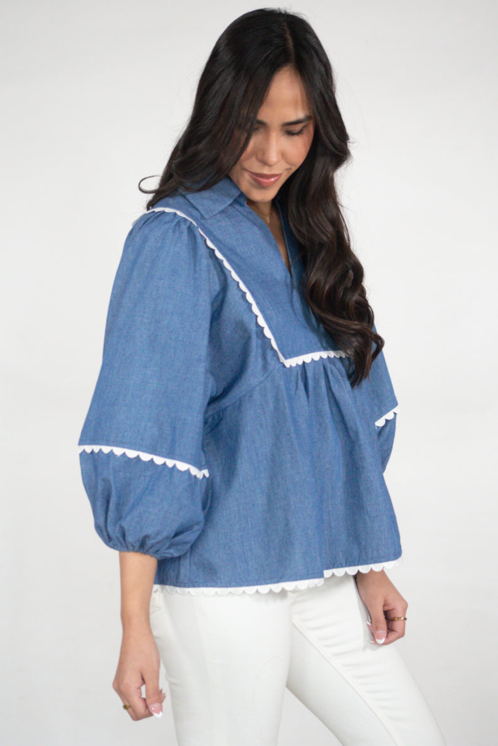 Dusk Blue Scallop Trim Puff Sleeve Collared Babydoll Blouse