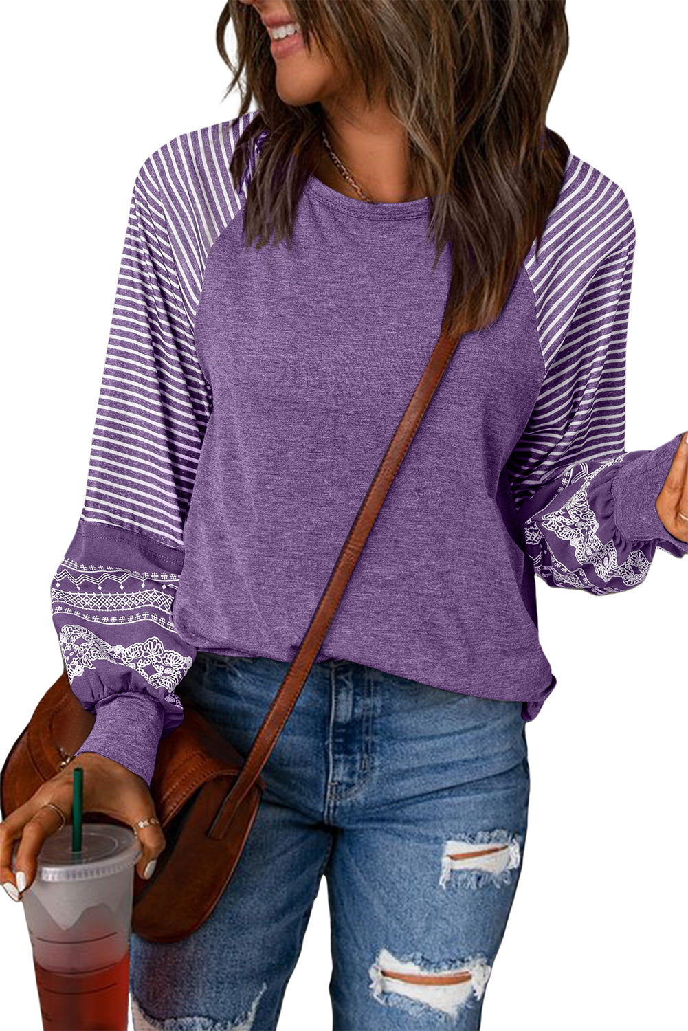 Brown Contrast Print Striped Raglan Long Sleeve Loose Top