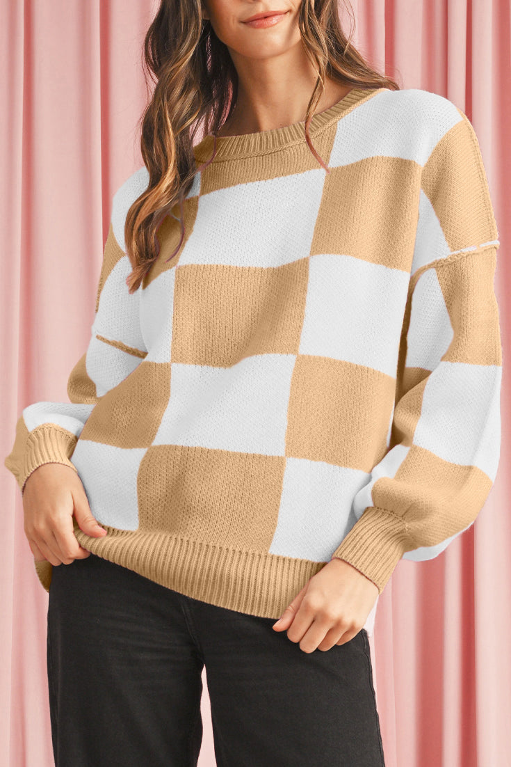 Pink Checked Bishop Sleeve Pullover Sweater