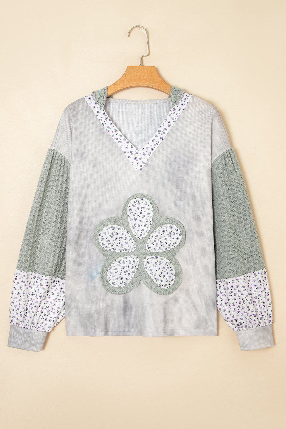 Green Floral Textured Colorblock Patchwork Lantern Sleeve Hooded Top