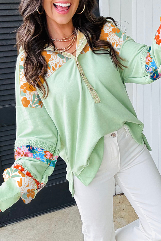 Clearly Aqua Lace Floral Patchwork Hooded Henley Top